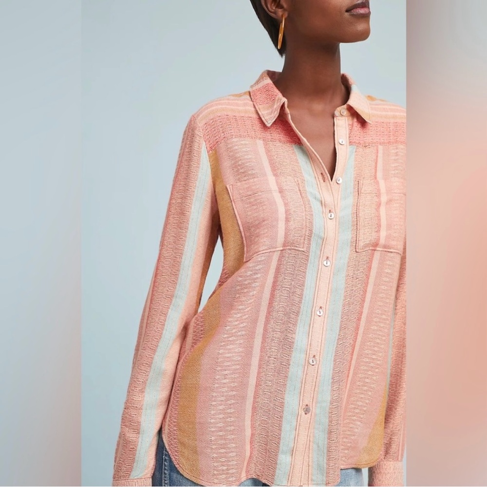 Maeve Anthropologie Calipatria Wool Blend Striped Woven Button Down Top Size 14